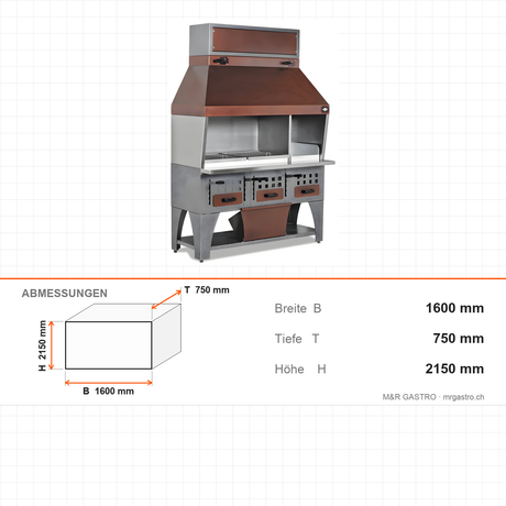 Wandgrill Holzkohle, höhenverstellbarer Rost 400×500 mm, elektrostatisch lackiert, Monoblock-Haube, 1600×750×2150 mm – Abmessungen