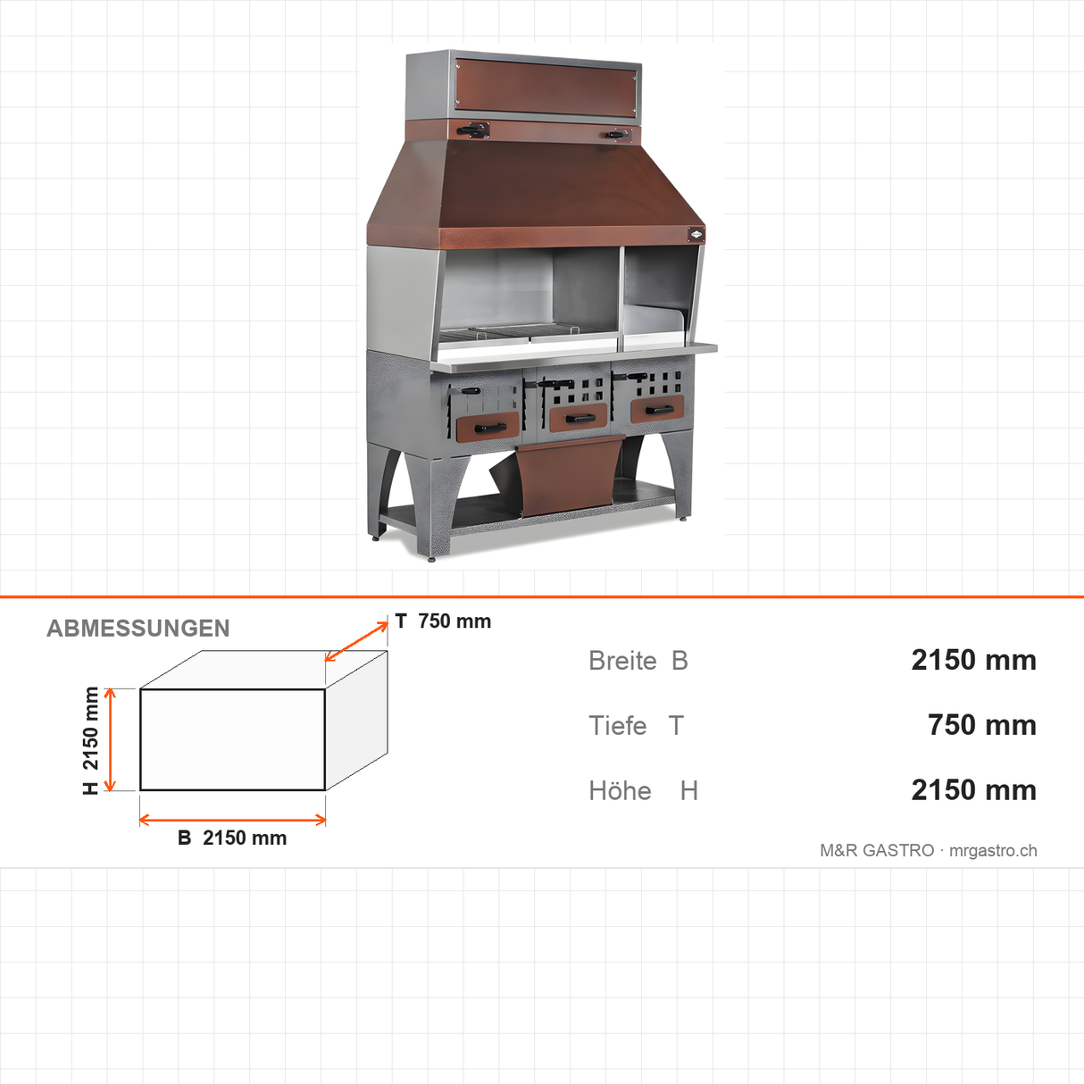 Wandgrill Holzkohle, 2 höhenverstellbare Kohlereservoirs, elektrostatisch lackiert, Monoblock-Haube, 2150×750×2150 mm – Abmessungen
