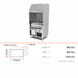 Wandgrill Holzkohle, Edelstahl, 80 cm Grillfläche, Monoblock-Haube, Ascheschublade, 965×850×2150 mm – Abmessungen