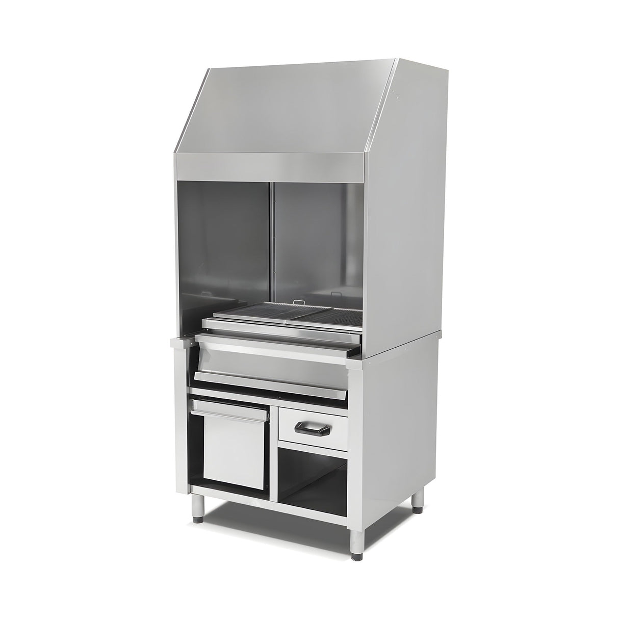 Wandgrill Holzkohle, Edelstahl, 120 cm Grillfläche, Monoblock-Haube, Ascheschublade, 1365×850×2150 mm – Produktbild
