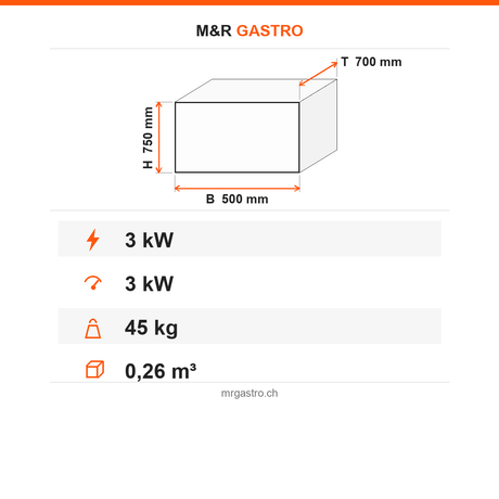 Kartoffelbackofen Elektro, 2 Schubladen, 3 kW, Digitalthermostat, 500×700×750 mm – Technische Daten