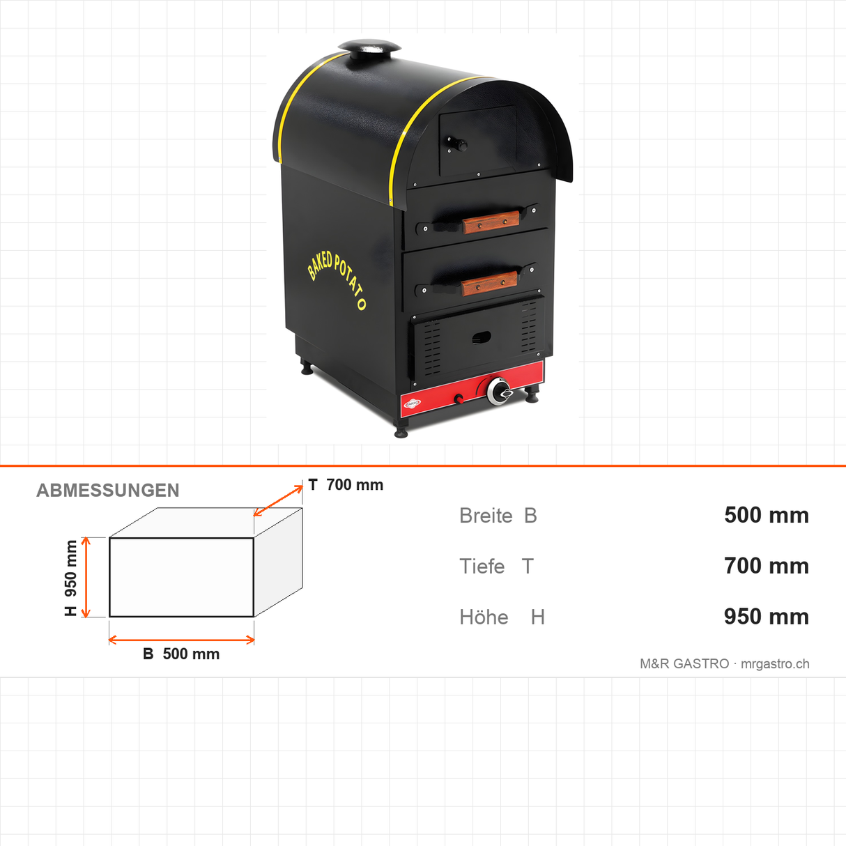 Kartoffelbackofen Gas, 2 Schubladen, 4,9 kW, Digitalthermostat, 500×700×950 mm – Abmessungen