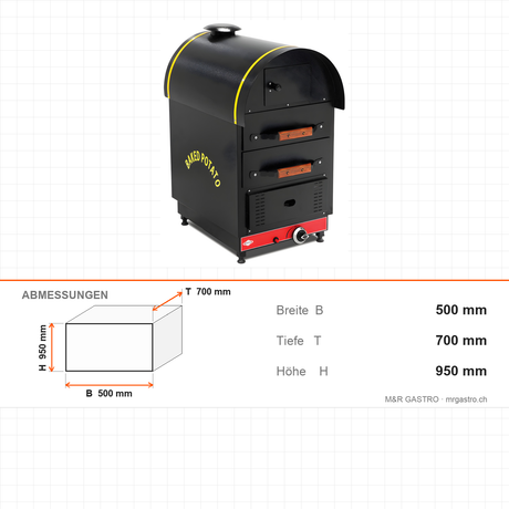 Kartoffelbackofen Gas, 2 Schubladen, 4,9 kW, Digitalthermostat, 500×700×950 mm – Abmessungen