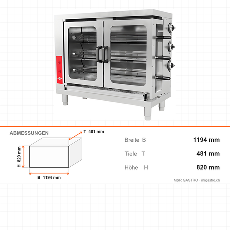 Elektro Hähnchengrill, 18 Hähnchen, 9,9 kW, Edelstahl, hitzebeständige Glastüren, separat steuerbare Heizelemente, 1194×481×820 mm – Abmessungen