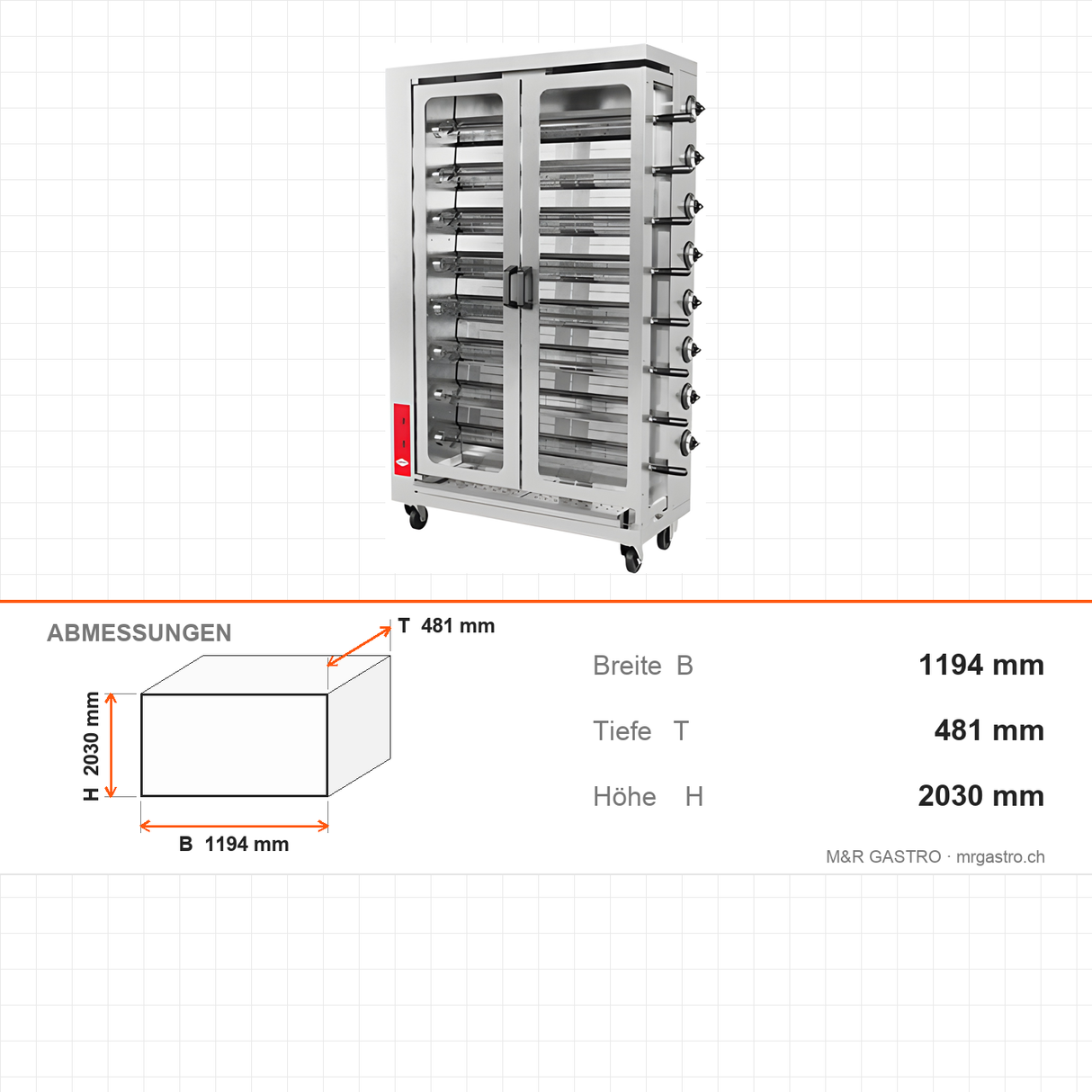 Elektro Hähnchengrill, 48 Hähnchen, 26,4 kW, Edelstahl, hitzebeständige Glastüren, separat steuerbare Heizelemente, 1194×481×2030 mm – Abmessungen