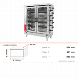Gas Hähnchengrill, 30 Hähnchen, 32,33 kW, Edelstahl, hitzebeständige Glastüren, separat regelbare Brenner, Erdgas/Flüssiggas, 1194×481×1180 mm – Abmessungen