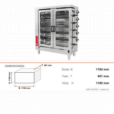 Gas Hähnchengrill, 30 Hähnchen, 32,33 kW, Edelstahl, hitzebeständige Glastüren, separat regelbare Brenner, Erdgas/Flüssiggas, 1194×481×1180 mm – Abmessungen