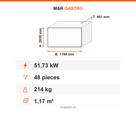 Gas Hähnchengrill, 48 Hähnchen, 51,73 kW, Edelstahl, hitzebeständige Glastüren, separat regelbare Brenner, Erdgas/Flüssiggas, 1194×481×2030 mm – Technische Daten