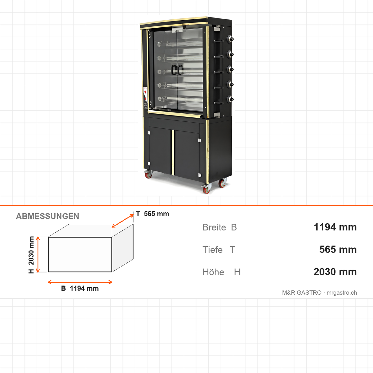 Gas Hähnchengrill, 30 Hähnchen, 32,33 kW, Edelstahl, hitzebeständige Glastüren, separat regelbare Heizzonen, Serie 700, 1194×565×2030 mm – Abmessungen