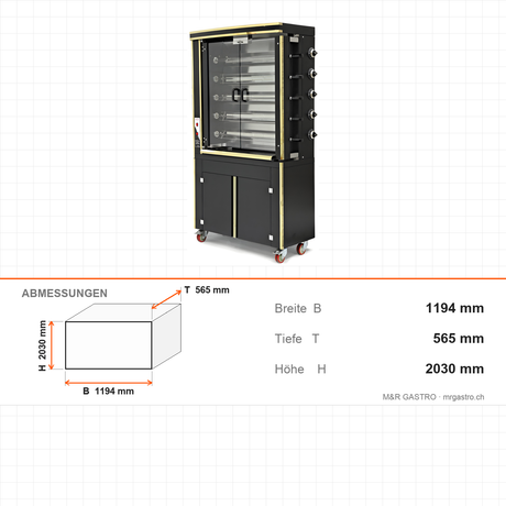 Gas Hähnchengrill, 30 Hähnchen, 32,33 kW, Edelstahl, hitzebeständige Glastüren, separat regelbare Heizzonen, Serie 700, 1194×565×2030 mm – Abmessungen