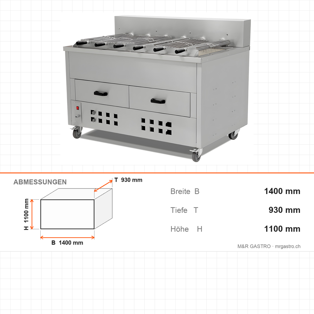 Horizontaler Hähnchengrill, 6 Spieße, Edelstahl, Ascheschublade, fahrbar, Schamottauskleidung, leises Stahlgetriebe, 1400×930×1100 mm – Abmessungen