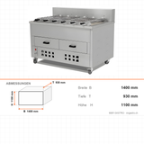 Horizontaler Hähnchengrill, 6 Spieße, Edelstahl, Ascheschublade, fahrbar, Schamottauskleidung, leises Stahlgetriebe, 1400×930×1100 mm – Abmessungen