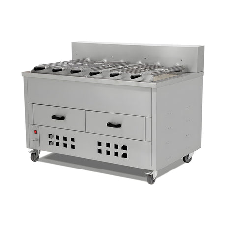 Horizontaler Hähnchengrill, 8 Spieße, Edelstahl, Ascheschublade, fahrbar, Schamottauskleidung, leises Stahlgetriebe, 1800×930×1100 mm – Produktbild