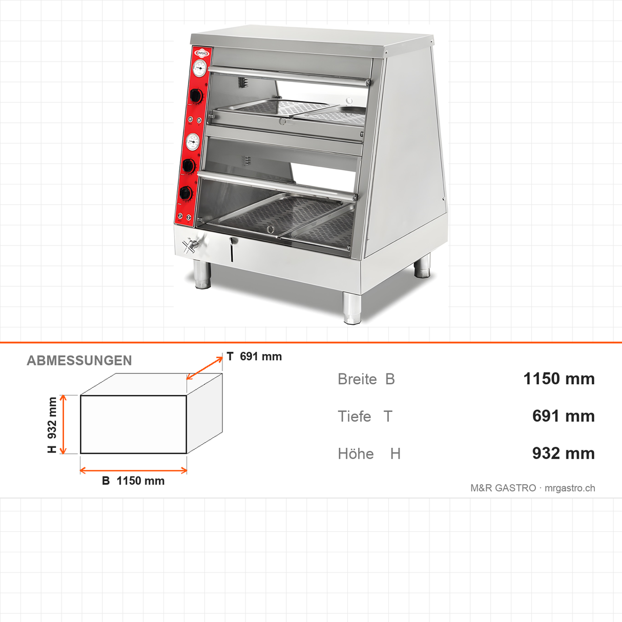 Warmhaltevitrine, 2,7 kW, 3x GN 1/1 unten 3x GN 2/3 oben, 1150 mm, Thermostat – Abmessungen