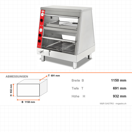 Warmhaltevitrine, 2,7 kW, 3x GN 1/1 unten 3x GN 2/3 oben, 1150 mm, Thermostat – Abmessungen