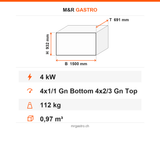 Warmhaltevitrine, 4 kW, 4x GN 1/1 unten 4x GN 2/3 oben, 1500 mm, Thermostat – Technische Daten