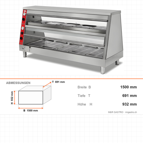 Warmhaltevitrine, 4 kW, 4x GN 1/1 unten 4x GN 2/3 oben, 1500 mm, Thermostat – Abmessungen