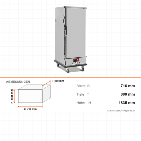 Bankettwagen beheizt, 11x GN 2/1, Digitalthermostat mit Feuchtesystem, 3 kW, Edelstahl, 716×888×1835 mm – Abmessungen