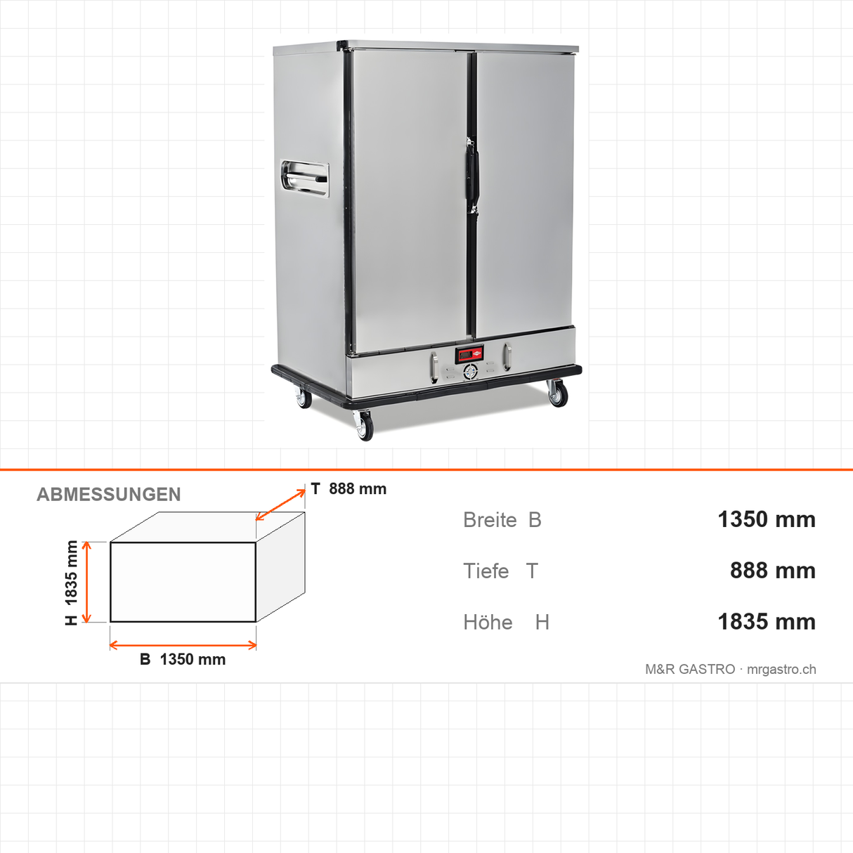 Bankettwagen beheizt, 2x GN, Digitalthermostat mit Feuchtesystem, 3 kW, Edelstahl, 1350×888×1835 mm – Abmessungen