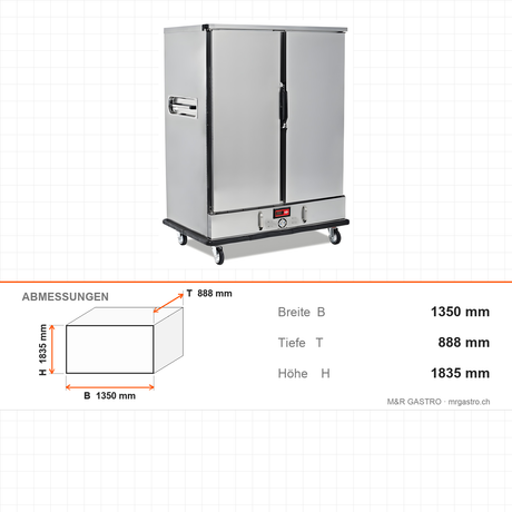 Bankettwagen beheizt, 2x GN, Digitalthermostat mit Feuchtesystem, 3 kW, Edelstahl, 1350×888×1835 mm – Abmessungen
