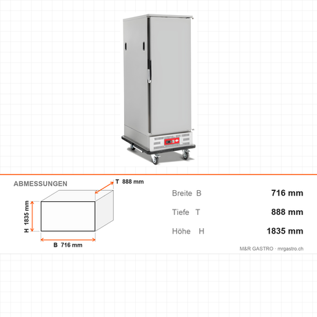 Bankettwagen gekühlt, 11x GN 2/1, Digitalthermostat 0/+5 °C, Edelstahl, 716×888×1835 mm – Abmessungen