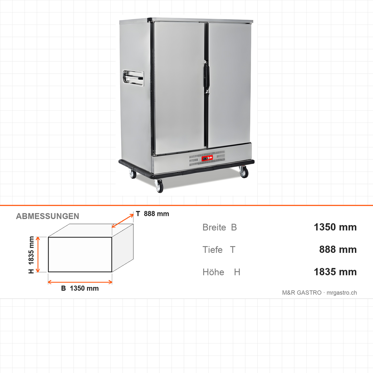 Bankettwagen gekühlt, 2x GN 2/1, Digitalthermostat 0/+5 °C, Edelstahl, 1350×888×1835 mm – Abmessungen