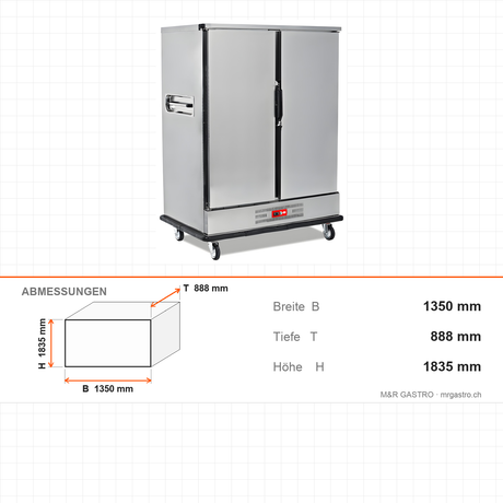Bankettwagen gekühlt, 2x GN 2/1, Digitalthermostat 0/+5 °C, Edelstahl, 1350×888×1835 mm – Abmessungen