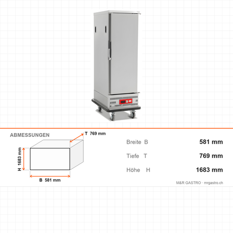 Bankettwagen gekühlt, 15x GN 1/1, Digitalthermostat 0/+5 °C, Edelstahl, 581×769×1683 mm – Abmessungen