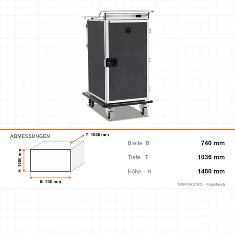 Bankettwagen beheizt, 12x GN 2/1, Digitalthermostat 65/75 °C, 1,9 kW, Aluminium, 740×1036×1480 mm, Serie Plus – Abmessungen