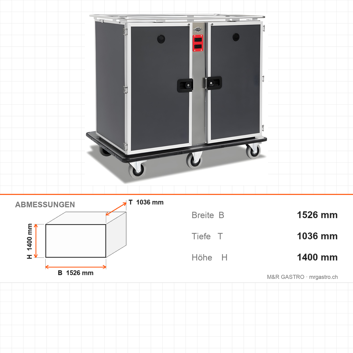 Bankettwagen beheizt, 24x GN 2/1, Digitalthermostat 65/75 °C, 3,8 kW, Aluminium, 1526×1036×1400 mm, Serie Plus – Abmessungen
