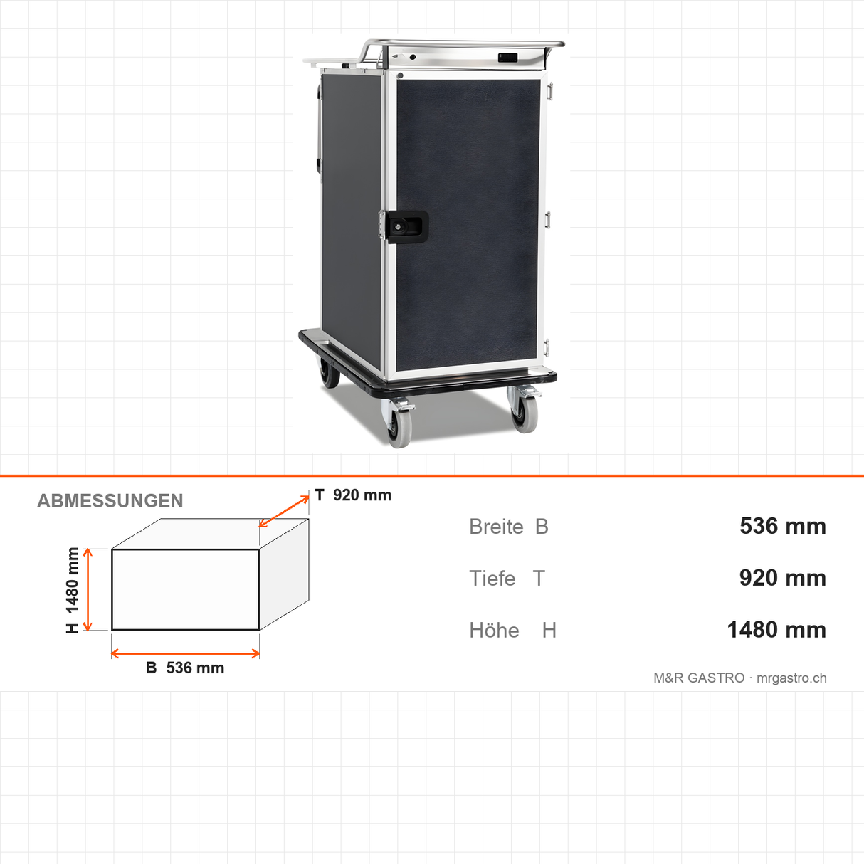 Bankettwagen gekühlt, 12x GN 1/1, Digitalthermostat +4/+10 °C, Aluminium, 536×920×1480 mm, Serie Plus – Abmessungen