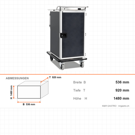 Bankettwagen gekühlt, 12x GN 1/1, Digitalthermostat +4/+10 °C, Aluminium, 536×920×1480 mm, Serie Plus – Abmessungen