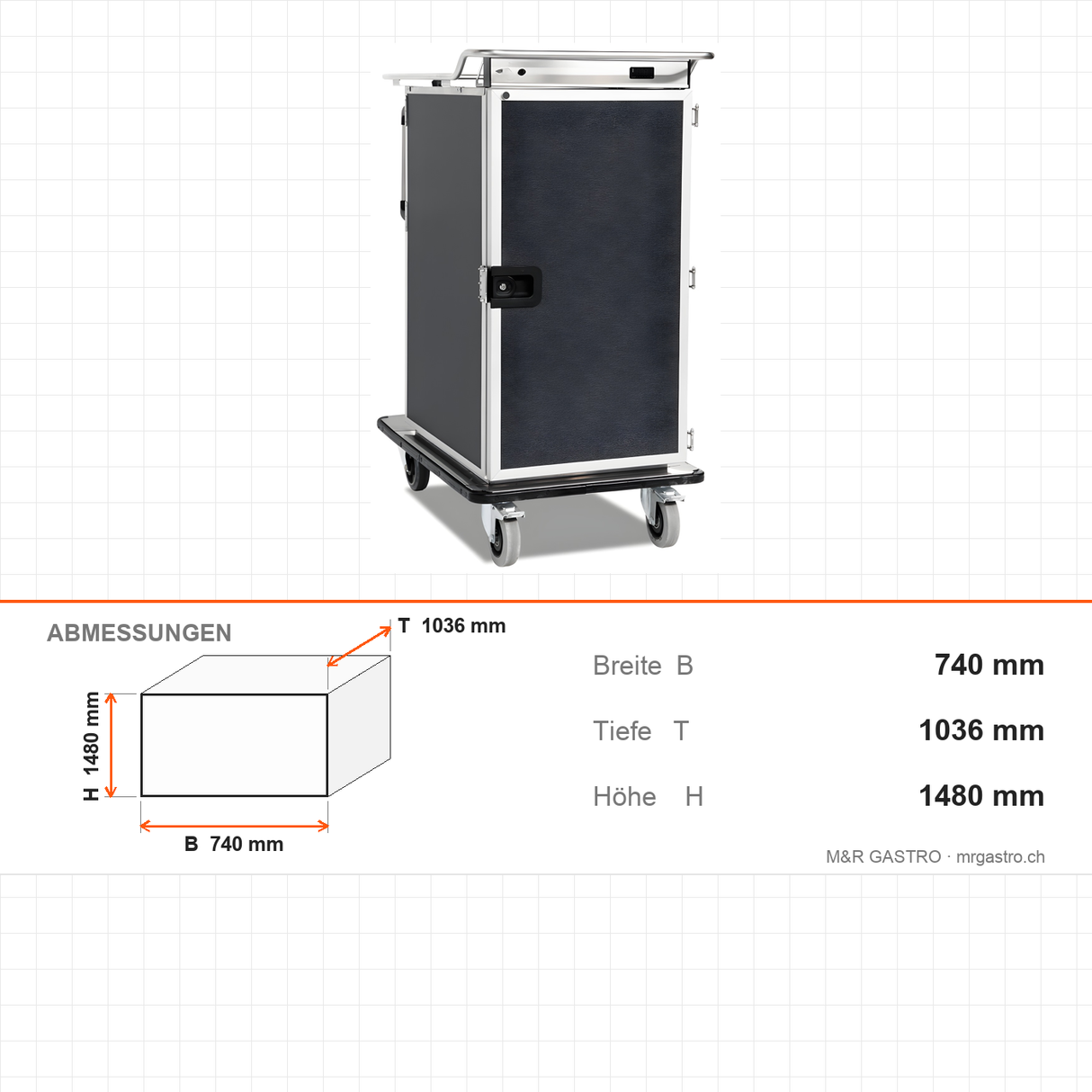 Bankettwagen gekühlt, 12x GN 2/1, Digitalthermostat +4/+10 °C, Aluminium, 740×1036×1480 mm, Serie Plus – Abmessungen