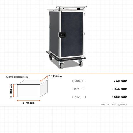Bankettwagen gekühlt, 12x GN 2/1, Digitalthermostat +4/+10 °C, Aluminium, 740×1036×1480 mm, Serie Plus – Abmessungen