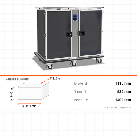 Bankettwagen gekühlt, 24x GN 1/1, Digitalthermostat +4/+10 °C, Aluminium, 1115×920×1400 mm, Serie Plus – Abmessungen