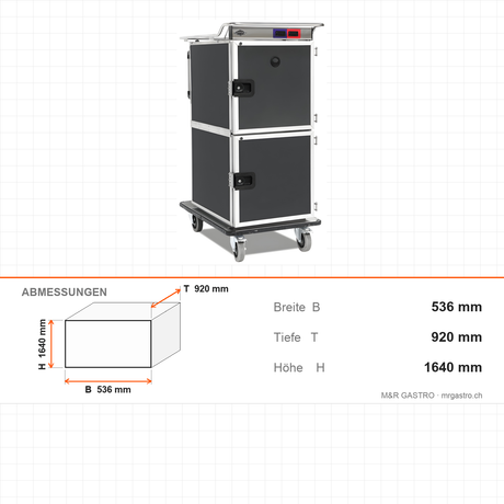 Bankettwagen Warm/Kalt, 6x GN 1/1 warm + 6x GN 1/1 kalt, Digitalthermostat 65/75 °C und +4/+10 °C, 2,05 kW, Aluminium, 536×920×1640 mm, Serie Plus – Abmessungen