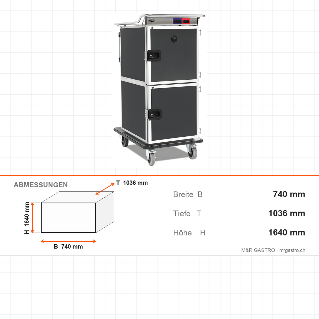 Bankettwagen Warm/Kalt, 6x GN 2/1 warm + 6x GN 2/1 kalt, Digitalthermostat 65/75 °C und +4/+10 °C, 2,05 kW, Aluminium, 740×1036×1640 mm, Serie Plus – Abmessungen