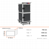 Bankettwagen Warm/Kalt, 6x GN 2/1 warm + 6x GN 2/1 kalt, Digitalthermostat 65/75 °C und +4/+10 °C, 2,05 kW, Aluminium, 740×1036×1640 mm, Serie Plus – Abmessungen