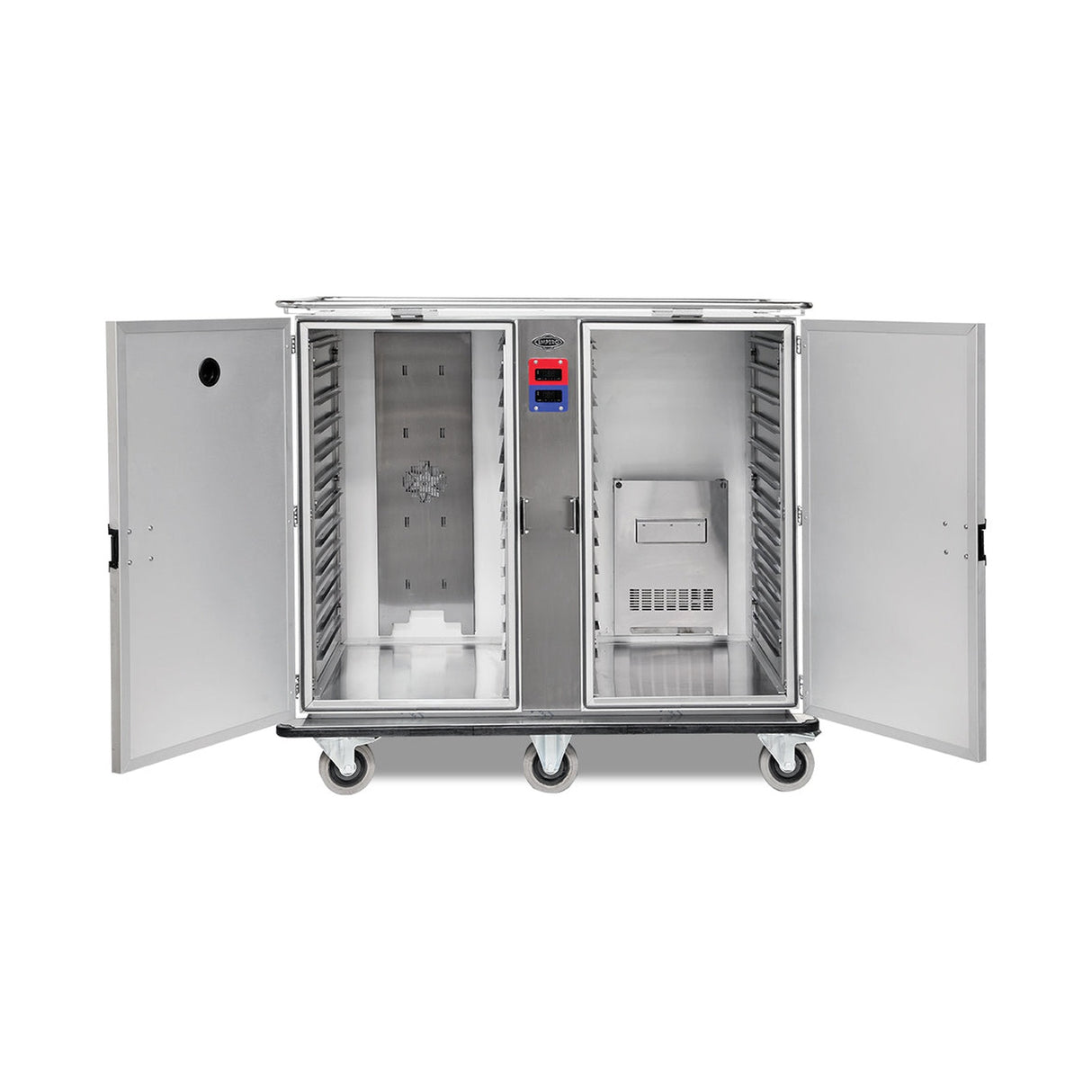 Chariot de banquet chaud/froid, 12x GN 1/1 chaud + 12x GN 1/1 froid, thermostat numérique 65/75 °C et +4/+10 °C, 2.05 kW, aluminium, 1115×920×1400 mm, série Plus