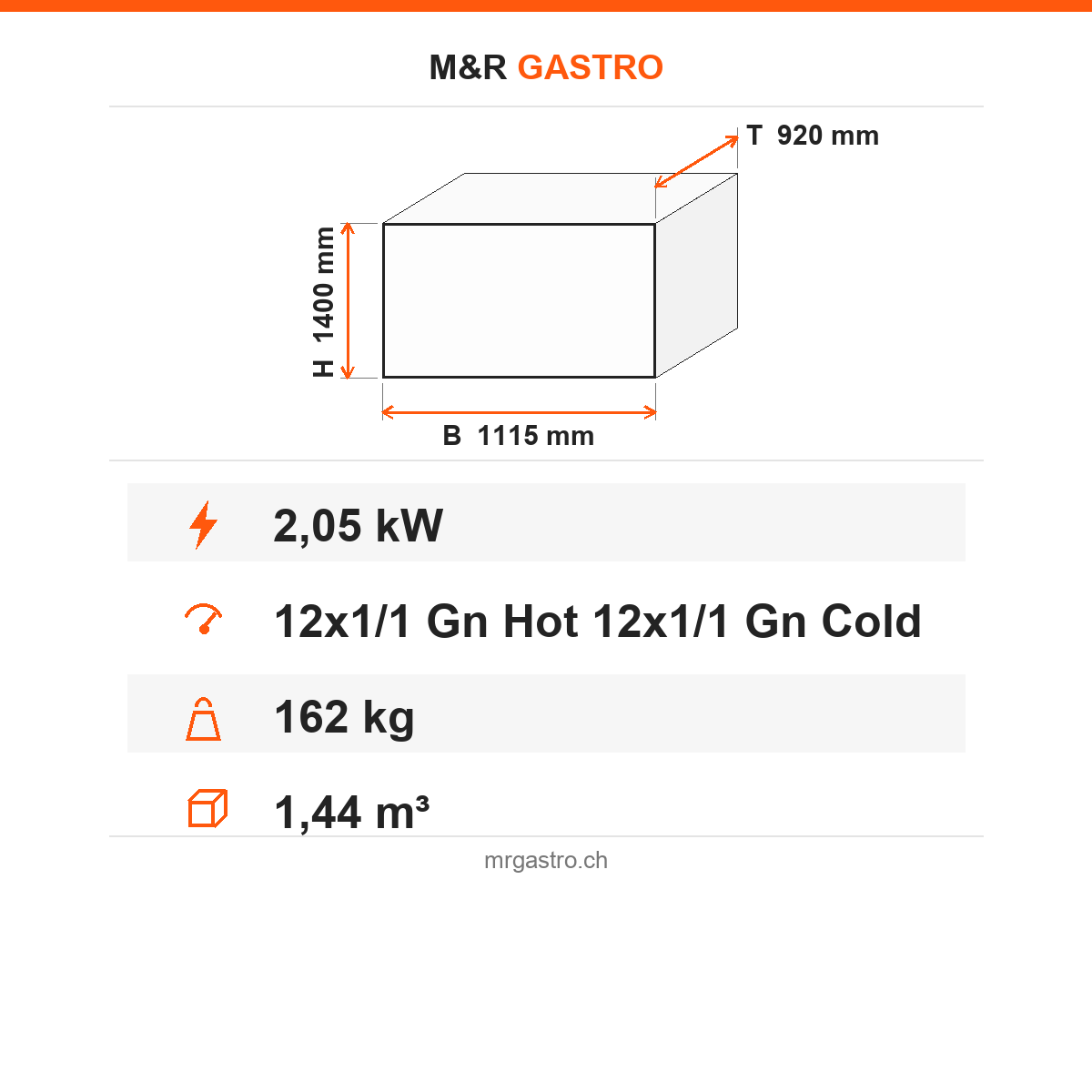 Bankettwagen Warm/Kalt, 12x GN 1/1 warm + 12x GN 1/1 kalt, Digitalthermostat 65/75 °C und +4/+10 °C, 2,05 kW, Aluminium, 1115×920×1400 mm, Serie Plus – Technische Daten