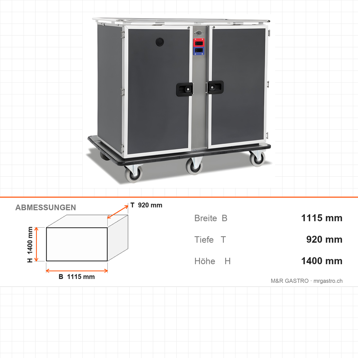 Bankettwagen Warm/Kalt, 12x GN 1/1 warm + 12x GN 1/1 kalt, Digitalthermostat 65/75 °C und +4/+10 °C, 2,05 kW, Aluminium, 1115×920×1400 mm, Serie Plus – Abmessungen