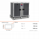 Bankettwagen Warm/Kalt, 12x GN 1/1 warm + 12x GN 1/1 kalt, Digitalthermostat 65/75 °C und +4/+10 °C, 2,05 kW, Aluminium, 1115×920×1400 mm, Serie Plus – Abmessungen
