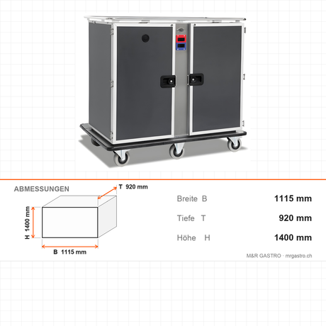 Bankettwagen Warm/Kalt, 12x GN 1/1 warm + 12x GN 1/1 kalt, Digitalthermostat 65/75 °C und +4/+10 °C, 2,05 kW, Aluminium, 1115×920×1400 mm, Serie Plus – Abmessungen