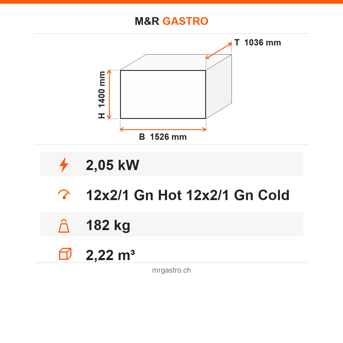 Bankettwagen Warm/Kalt, 12x GN 2/1 warm + 12x GN 2/1 kalt, Digitalthermostat 65/75 °C und +4/+10 °C, 2,05 kW, Aluminium, 1526×1036×1400 mm, Serie Plus – Technische Daten