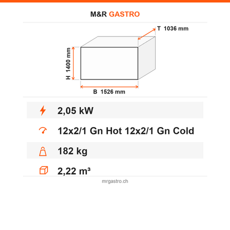 Bankettwagen Warm/Kalt, 12x GN 2/1 warm + 12x GN 2/1 kalt, Digitalthermostat 65/75 °C und +4/+10 °C, 2,05 kW, Aluminium, 1526×1036×1400 mm, Serie Plus – Technische Daten