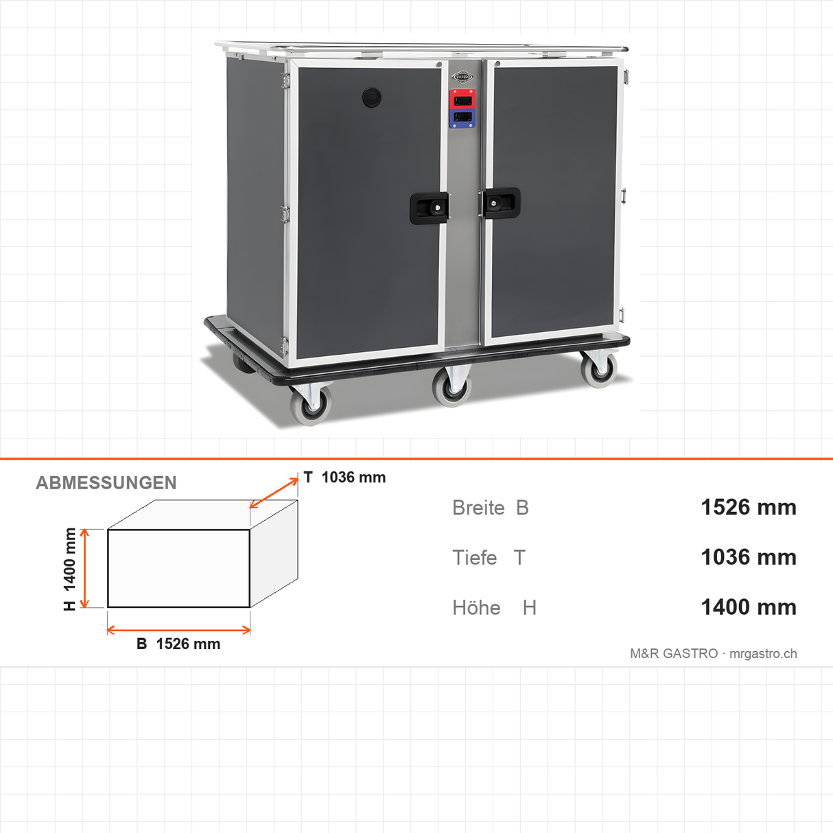 Bankettwagen Warm/Kalt, 12x GN 2/1 warm + 12x GN 2/1 kalt, Digitalthermostat 65/75 °C und +4/+10 °C, 2,05 kW, Aluminium, 1526×1036×1400 mm, Serie Plus – Abmessungen