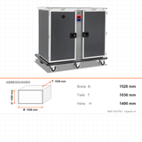 Bankettwagen Warm/Kalt, 12x GN 2/1 warm + 12x GN 2/1 kalt, Digitalthermostat 65/75 °C und +4/+10 °C, 2,05 kW, Aluminium, 1526×1036×1400 mm, Serie Plus – Abmessungen