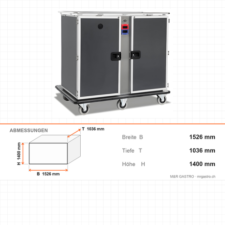 Bankettwagen Warm/Kalt, 12x GN 2/1 warm + 12x GN 2/1 kalt, Digitalthermostat 65/75 °C und +4/+10 °C, 2,05 kW, Aluminium, 1526×1036×1400 mm, Serie Plus – Abmessungen