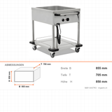 Bain-Marie fahrbar, 2x GN 1/1, 3,6 kW, Thermostat, Edelstahl, 855×705×850 mm – Abmessungen