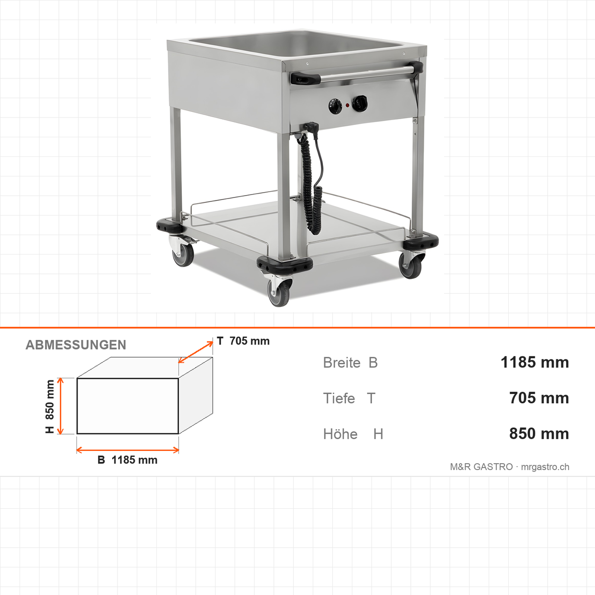 Bain-Marie fahrbar, 3x GN 1/1, 3,6 kW, Thermostat, Edelstahl, 1185×705×850 mm – Abmessungen